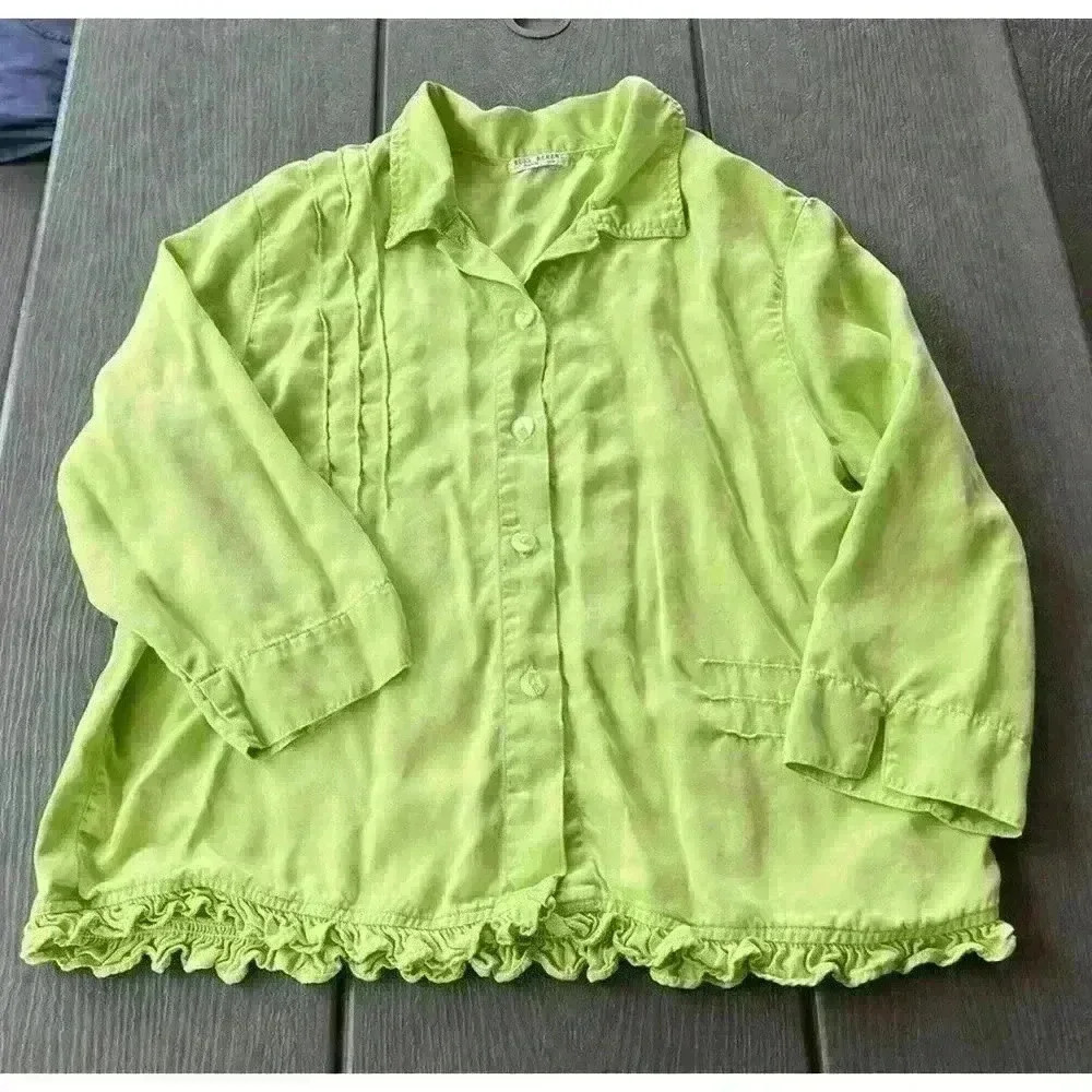Russ Berens Hand Colored Button-Up Blouse Sz Large Ruffle Hem Green